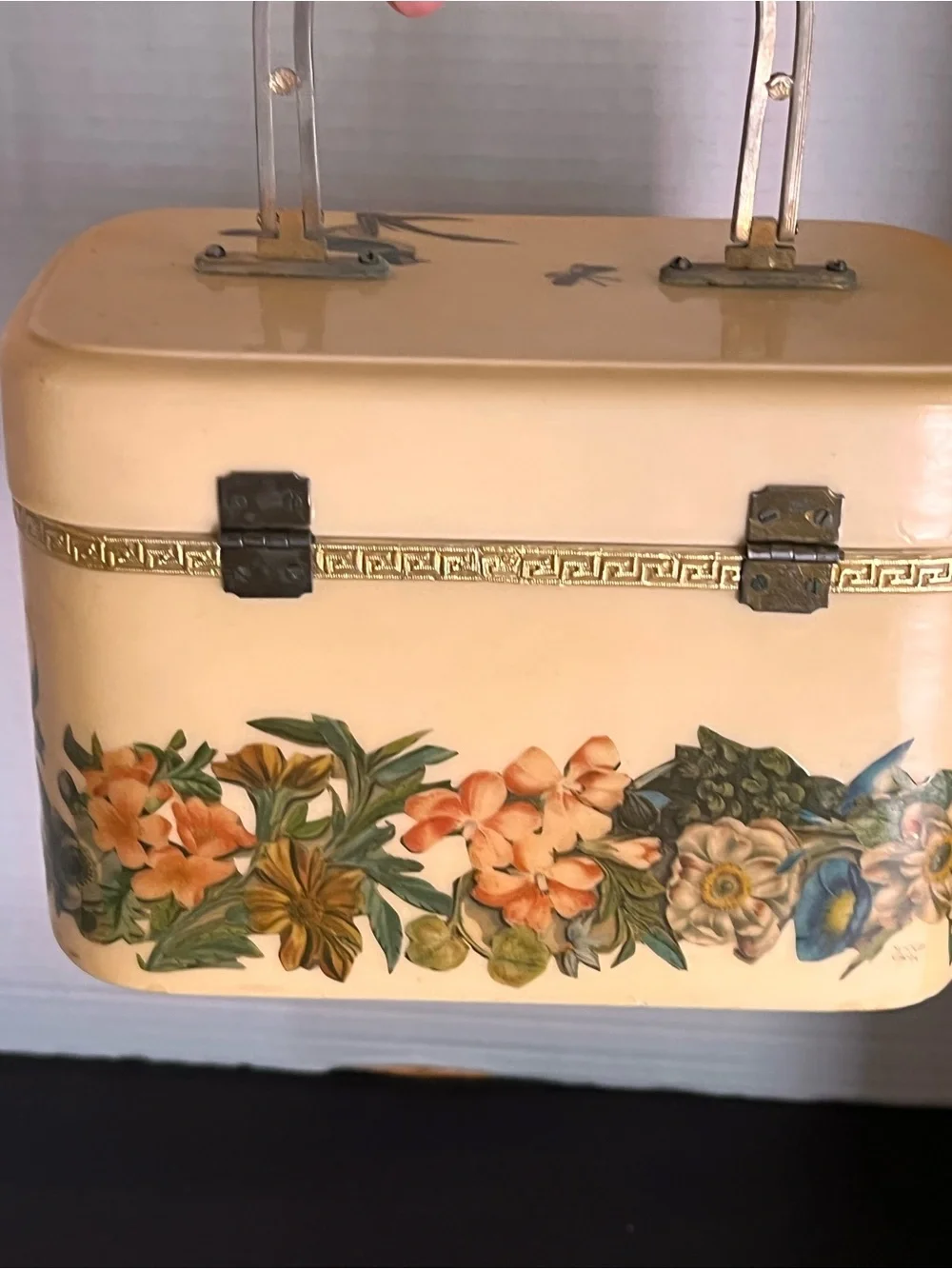 Vintage Cream Floral Vanity Bag with Gold Accents